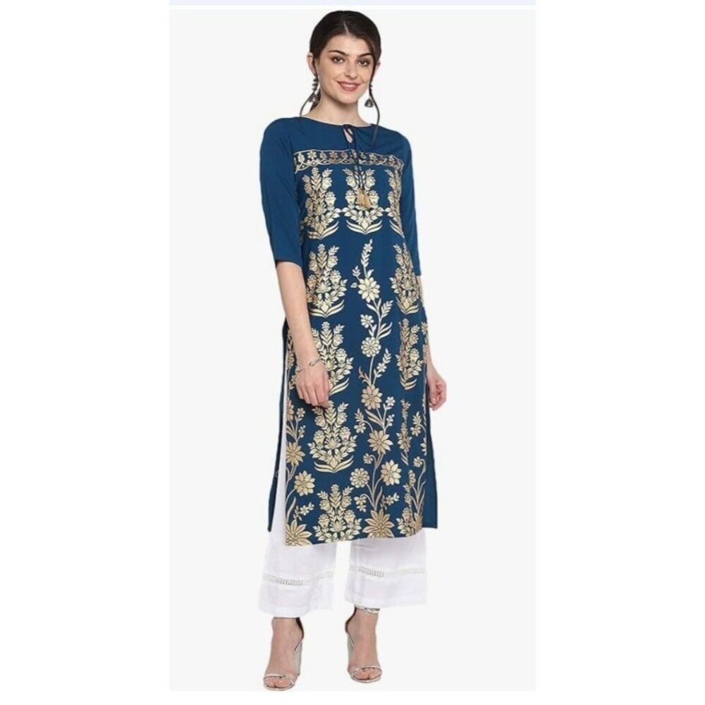 Janasya Womens Turquoise Blue & Gold Crepe Kurta Tassel Tie Neck Size Large